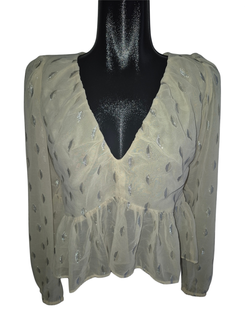 H&M Women’s Cream And Silver Leaf Print Long-Sleeve V-Neck Peplum Crop Top M